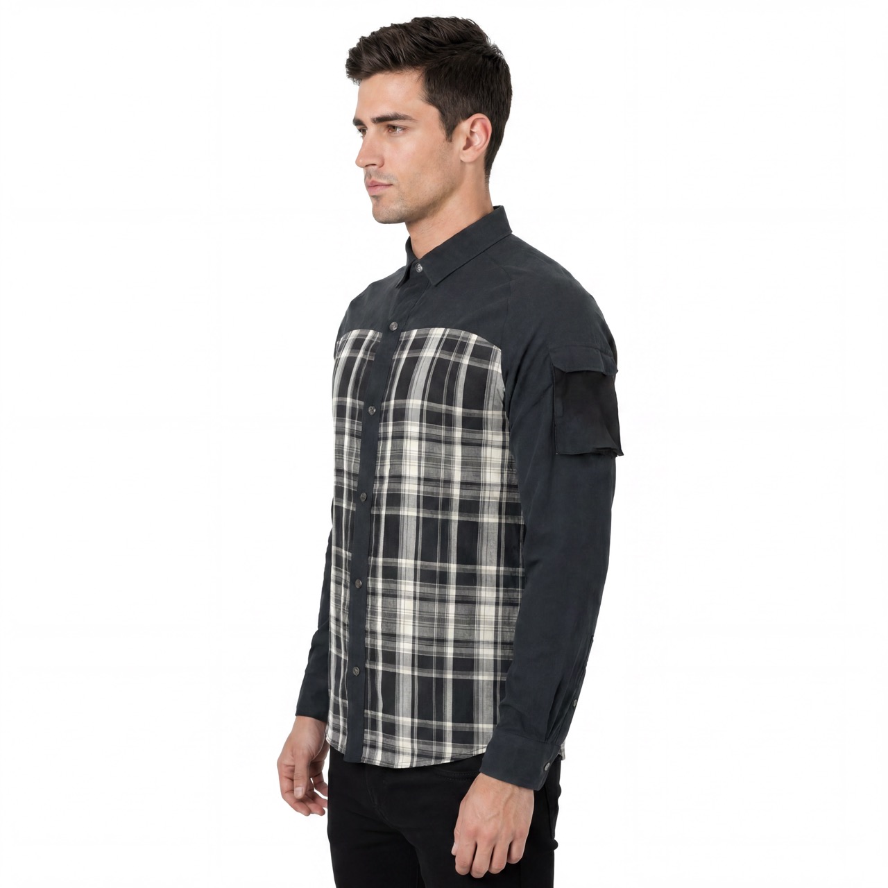 Camisas de senderismo con bolsillo y manga reflectante con panel a cuadros teñido en hilo para hombre
