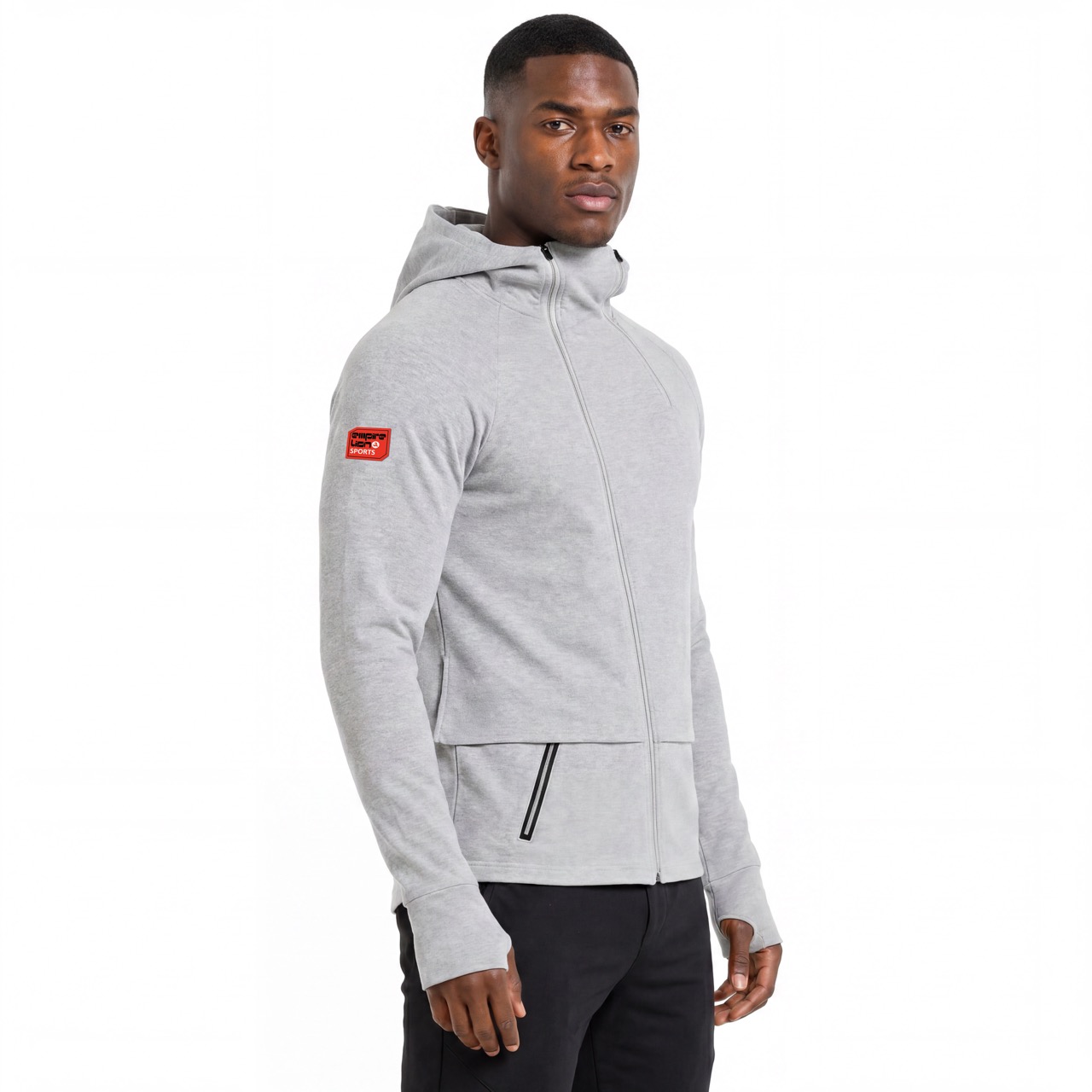 Chaqueta con capucha para hombre con tapeta diagonal y cuello alto con doble cremallera y mangas raglán