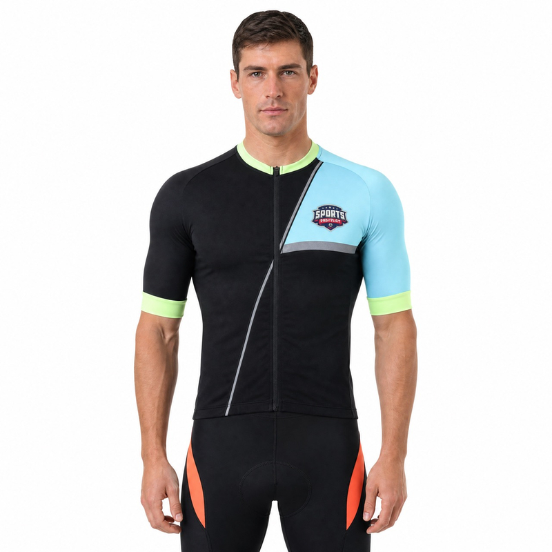 Jersey ciclista de cuello alto y manga corta raglán con adornos reflectantes