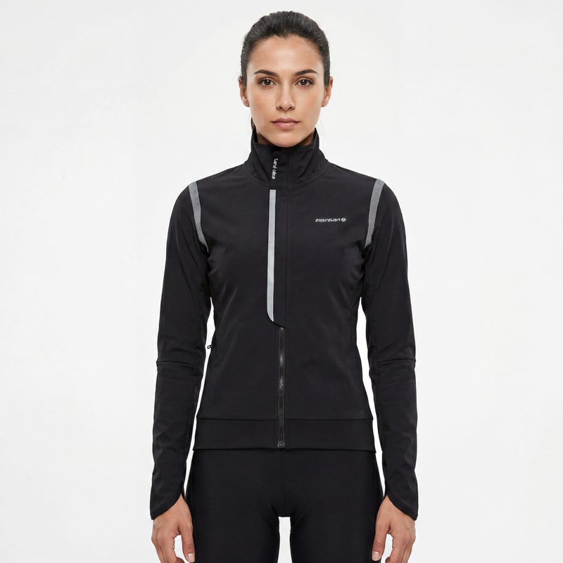Chaqueta ciclista con ribetes reflectantes y cuello alto para mujer