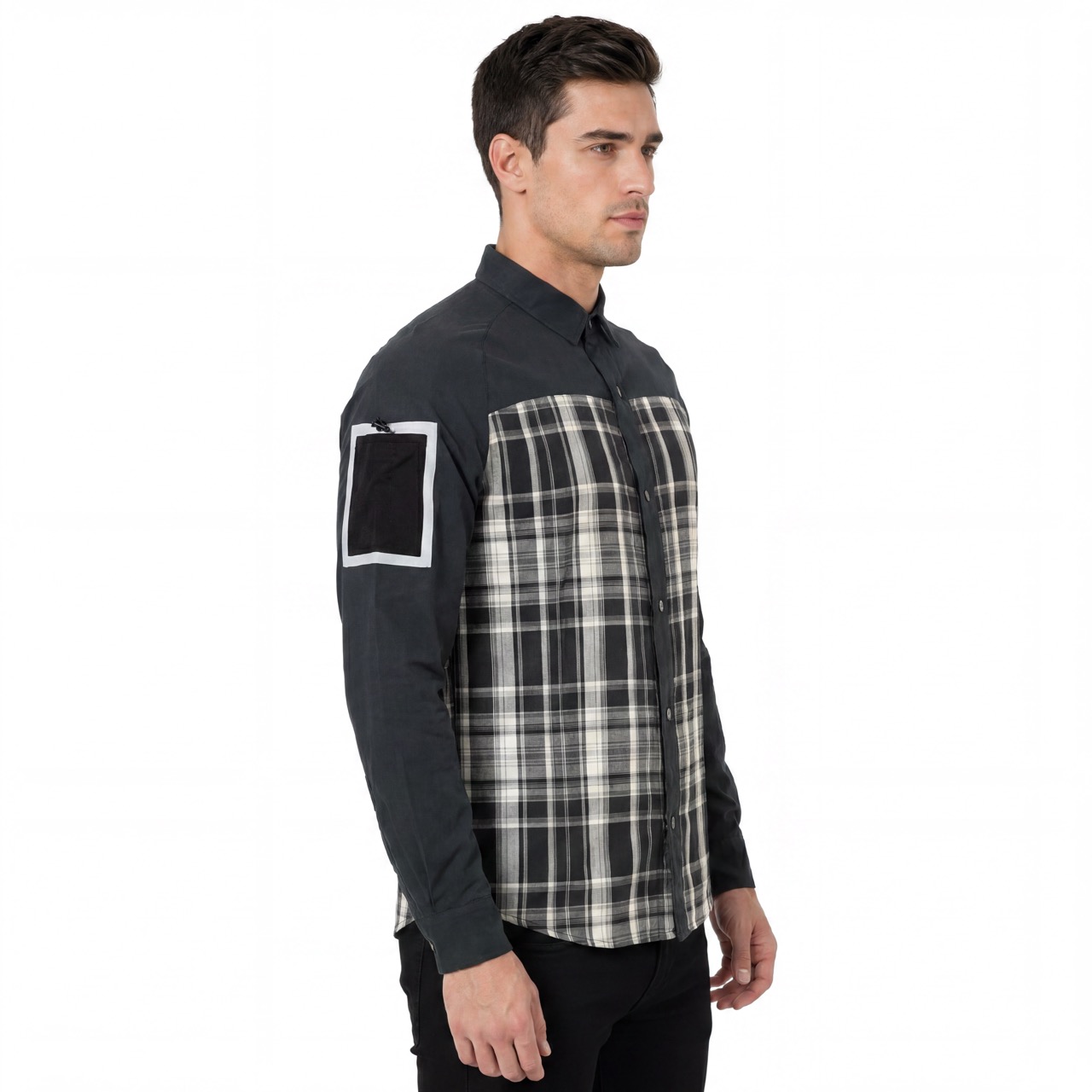 Camisas de senderismo con bolsillo y manga reflectante con panel a cuadros teñido en hilo para hombre