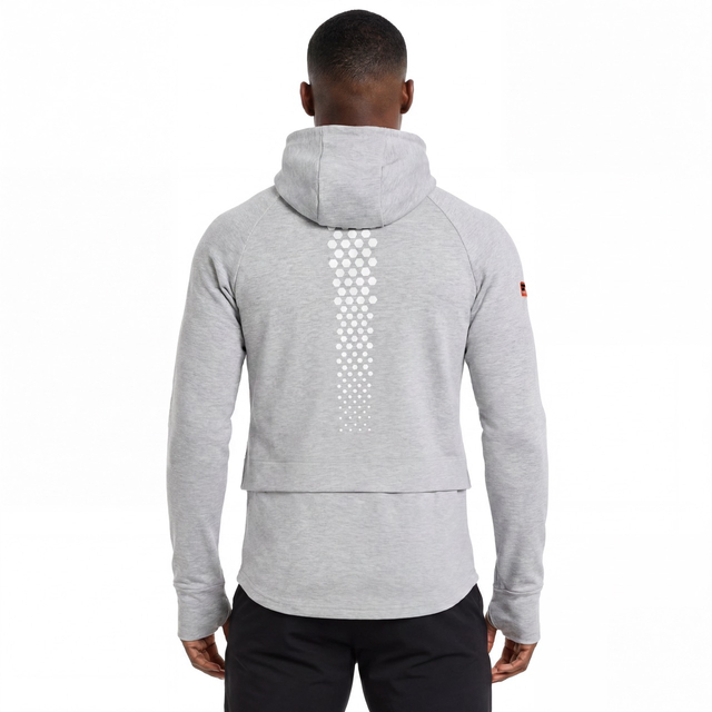 Chaqueta con capucha para hombre con tapeta diagonal y cuello alto con doble cremallera y mangas raglán