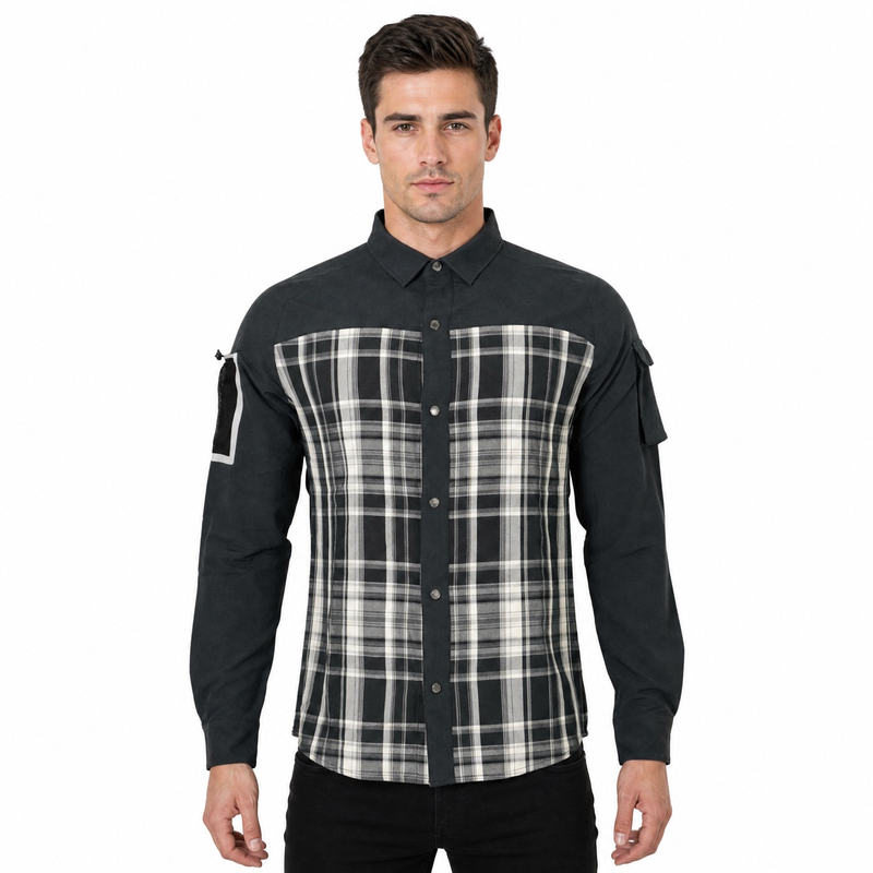 Camisas de senderismo con bolsillo y manga reflectante con panel a cuadros teñido en hilo para hombre