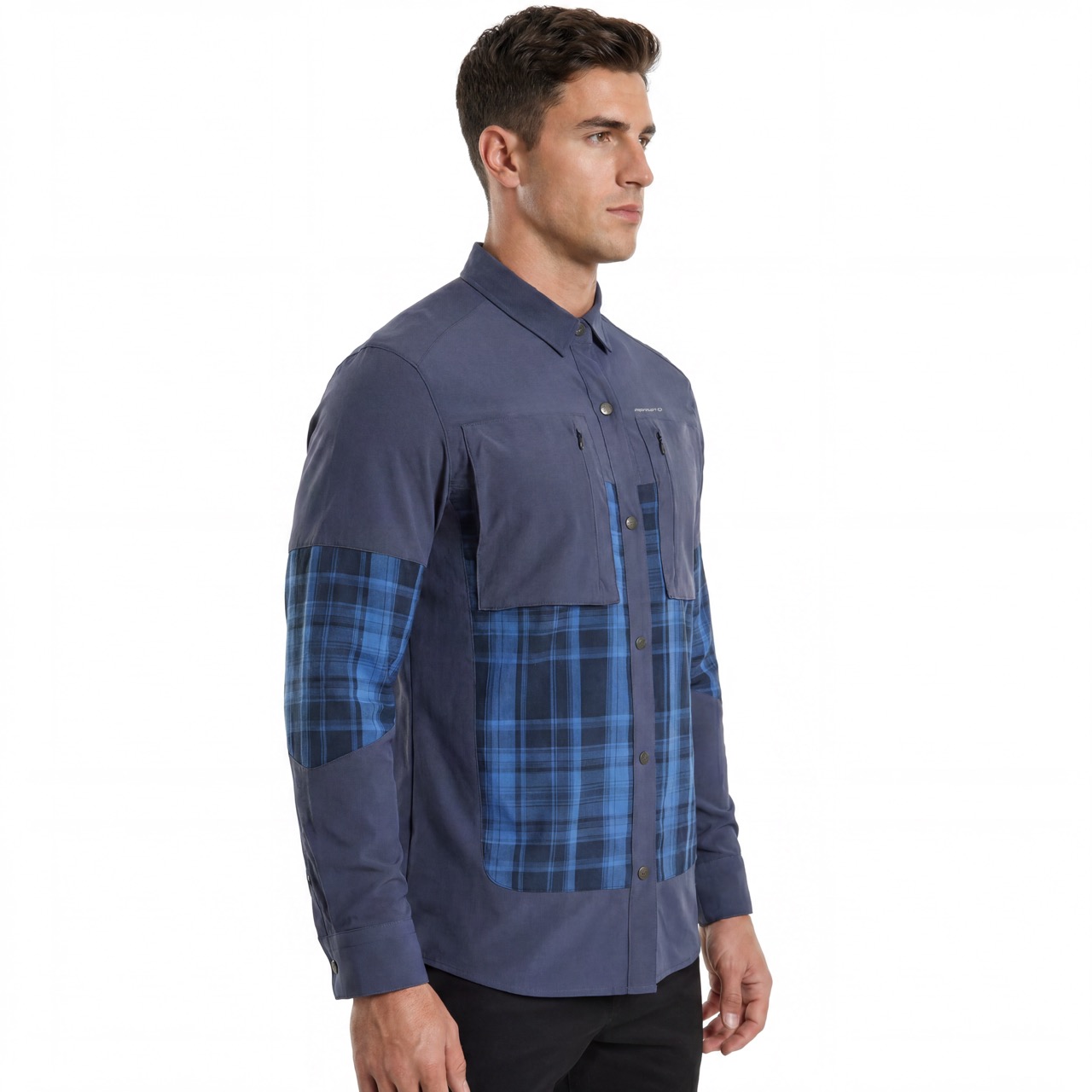 Camisas de senderismo con bolsillos de parche y cremallera con panel a cuadros para hombre