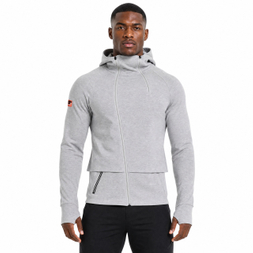 Chaqueta con capucha para hombre con tapeta diagonal y cuello alto con doble cremallera y mangas raglán