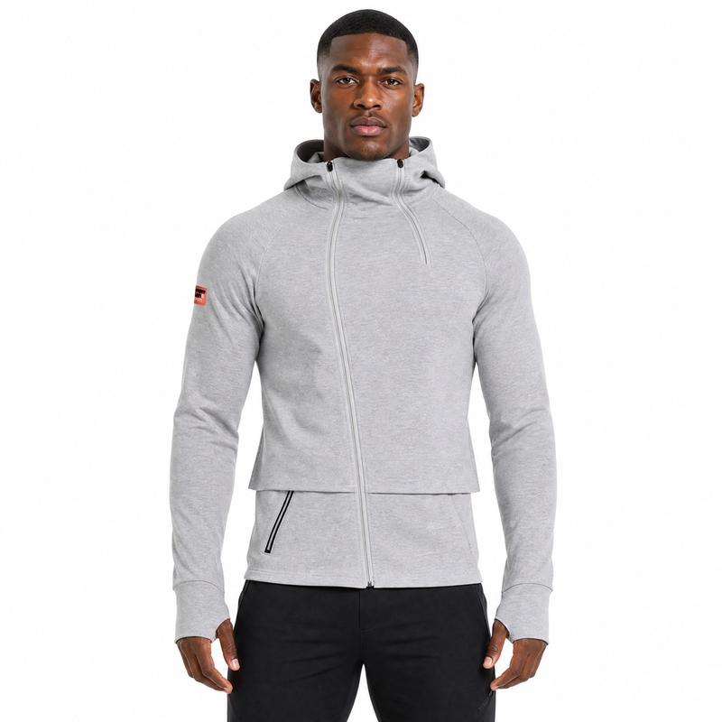Chaqueta con capucha para hombre con tapeta diagonal y cuello alto con doble cremallera y mangas raglán
