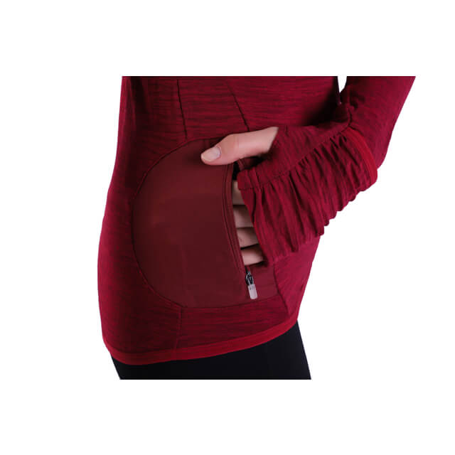 Jersey de yoga para mujer, forro polar térmico rojo, atlético, manga larga, para correr, con bolsillo con cremallera y orificio para el pulgar