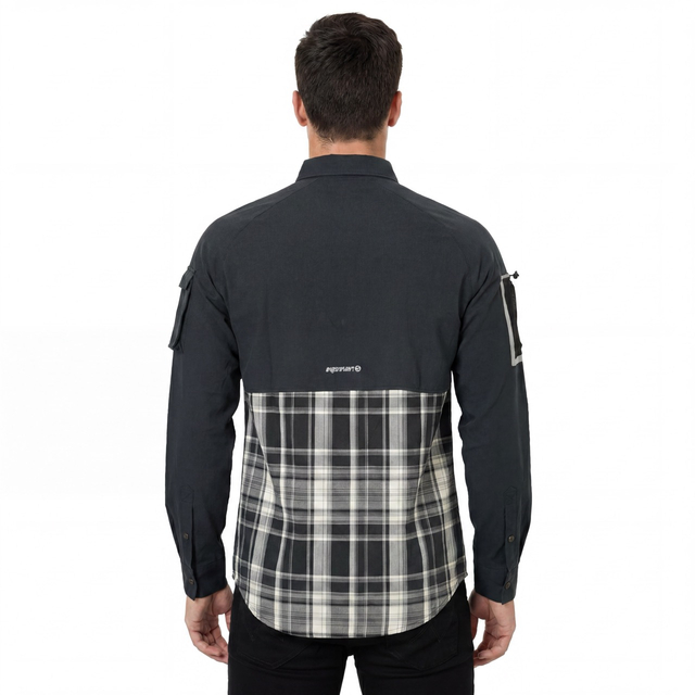 Camisas de senderismo con bolsillo y manga reflectante con panel a cuadros teñido en hilo para hombre