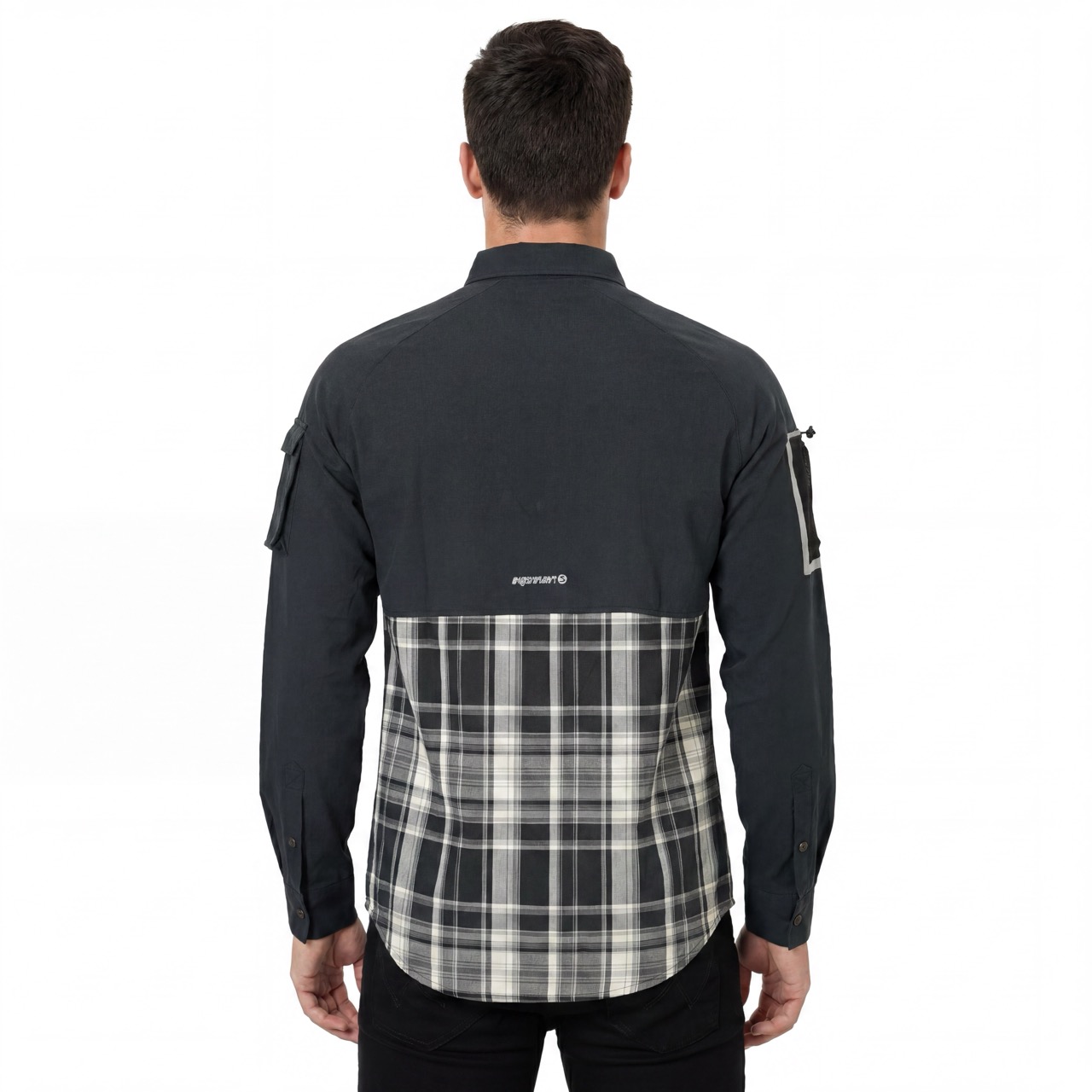 Camisas de senderismo con bolsillo y manga reflectante con panel a cuadros teñido en hilo para hombre