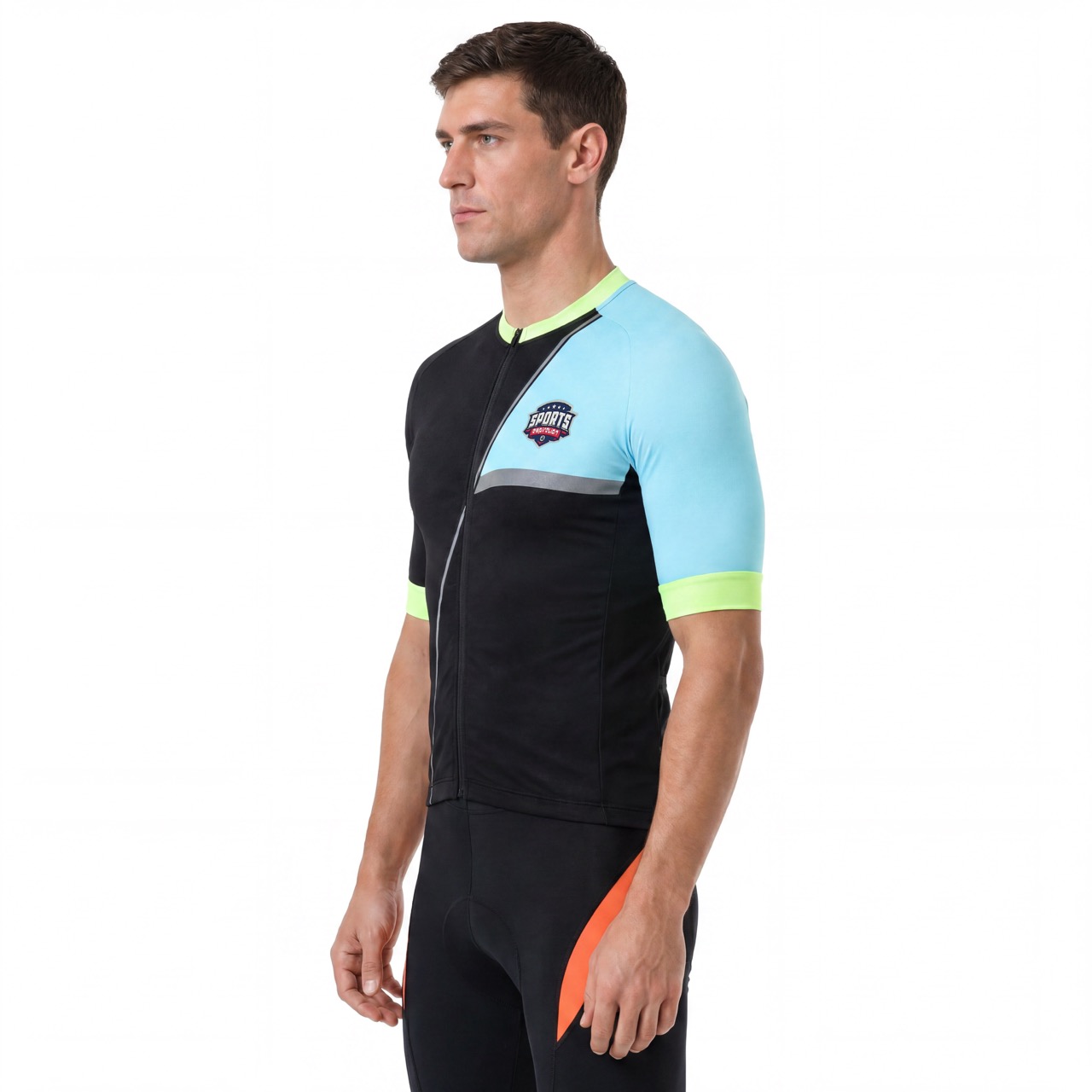 Jersey ciclista de cuello alto y manga corta raglán con adornos reflectantes