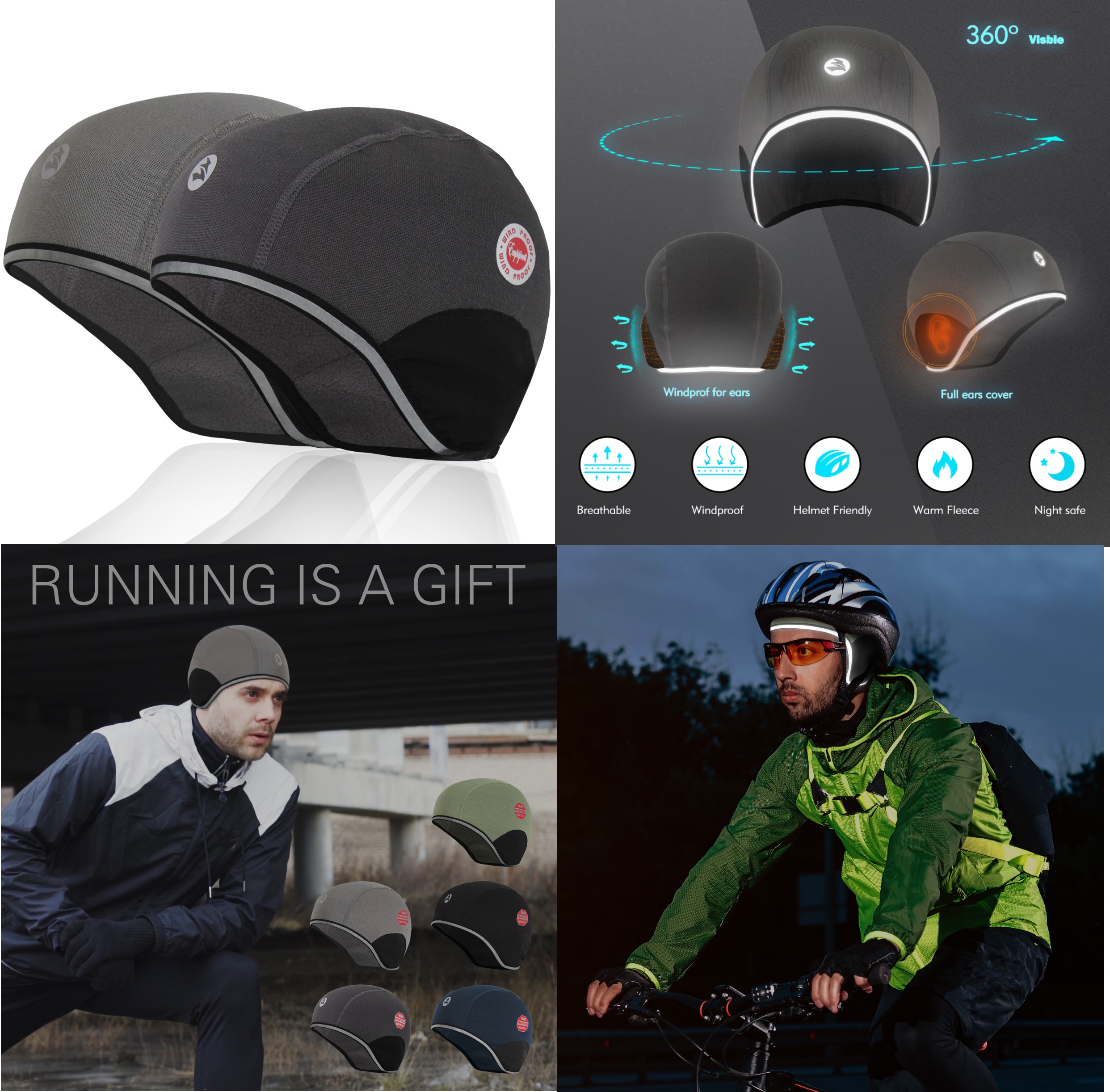 Protección para los oídos Forro térmico para casco Invierno Reflectante Ciclismo Running Skull Cap Skiing Beanie