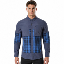 Camisas de senderismo con bolsillos de parche y cremallera con panel a cuadros para hombre