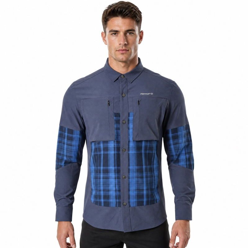 Camisas de senderismo con bolsillos de parche y cremallera con panel a cuadros para hombre