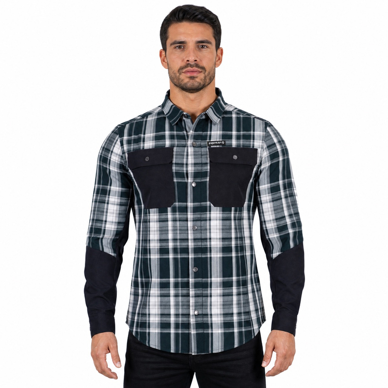 Camisas de senderismo con yugo con agujeros y corte láser a cuadros teñidos en hilo para hombre