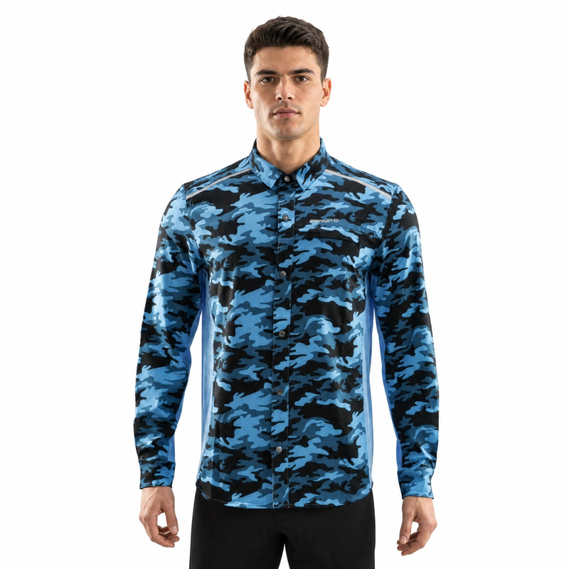 Camisa de senderismo con bolsillo con cremallera y bloques de color con estampado de camuflaje para hombre
