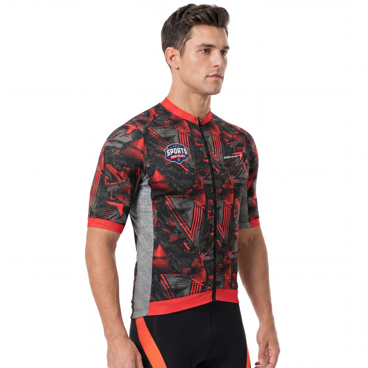Maillot ciclista con cuello alto y manga corta raglán con estampado digital