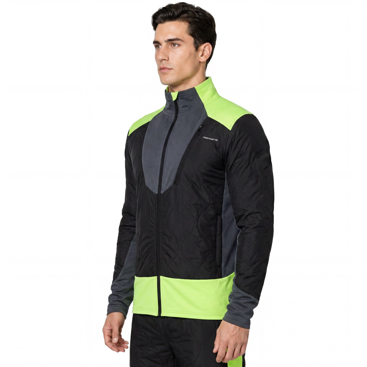 Chaqueta con ribetes fluorescentes y bloques de color acolchados para exteriores a prueba de viento para hombre