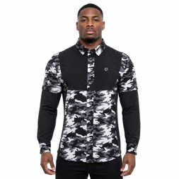 Camisa de trekking de doble manga con canesú con agujeros láser y bloques de color con estampado de camuflaje para hombre
