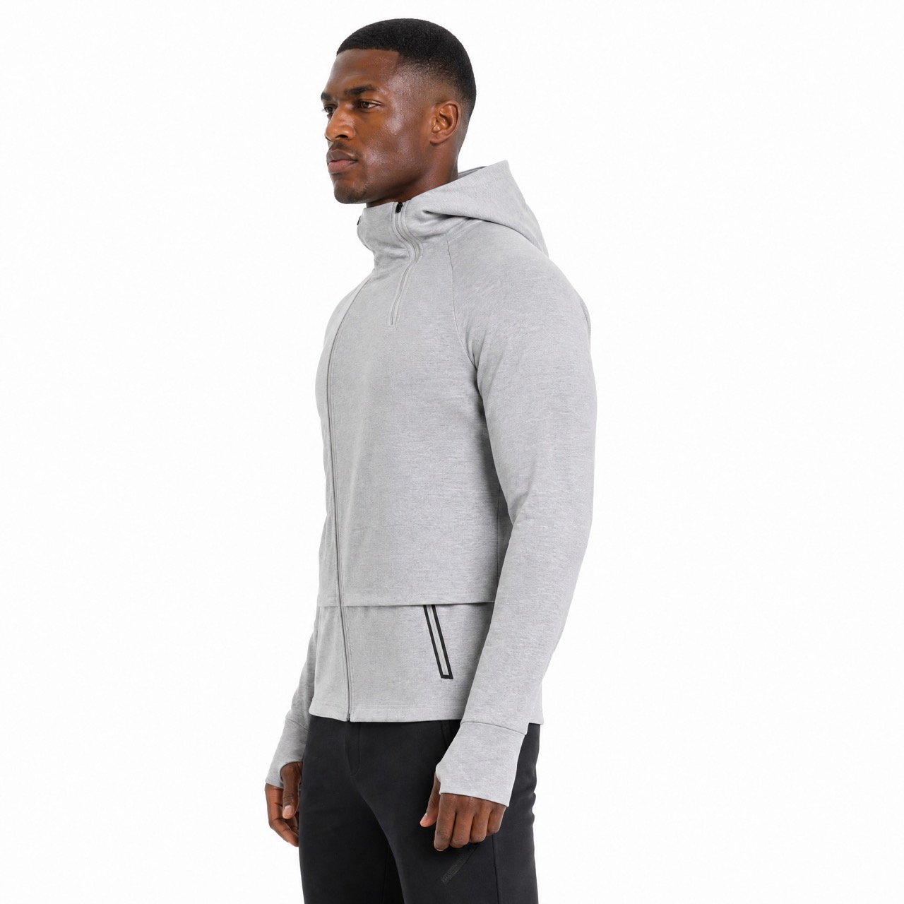 Chaqueta con capucha para hombre con tapeta diagonal y cuello alto con doble cremallera y mangas raglán