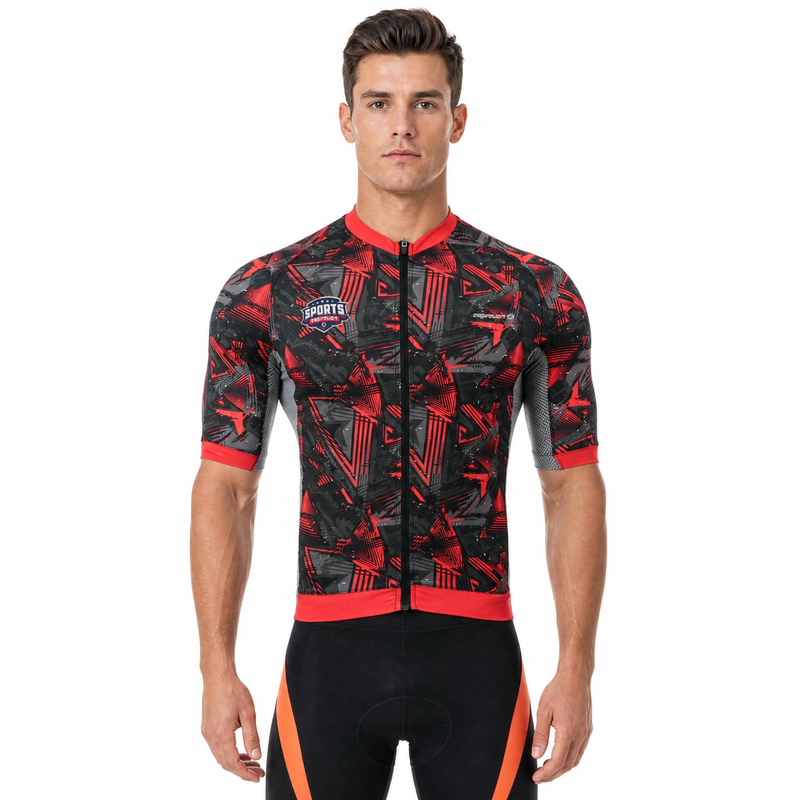 Maillot ciclista con cuello alto y manga corta raglán con estampado digital